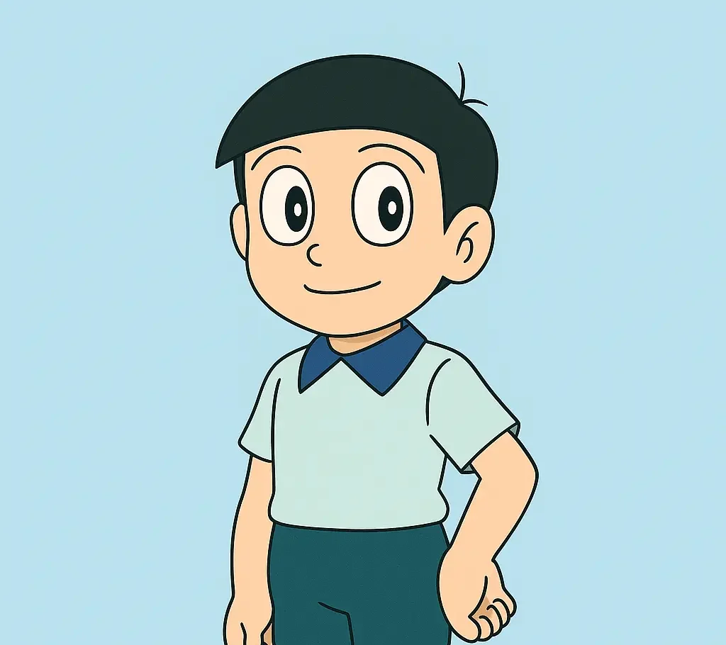 Download Doraemon X APK 1.3c Latest Android Version 2026 4 Dekisugi character from Doraemon X APK with a decent outfit on a blue background