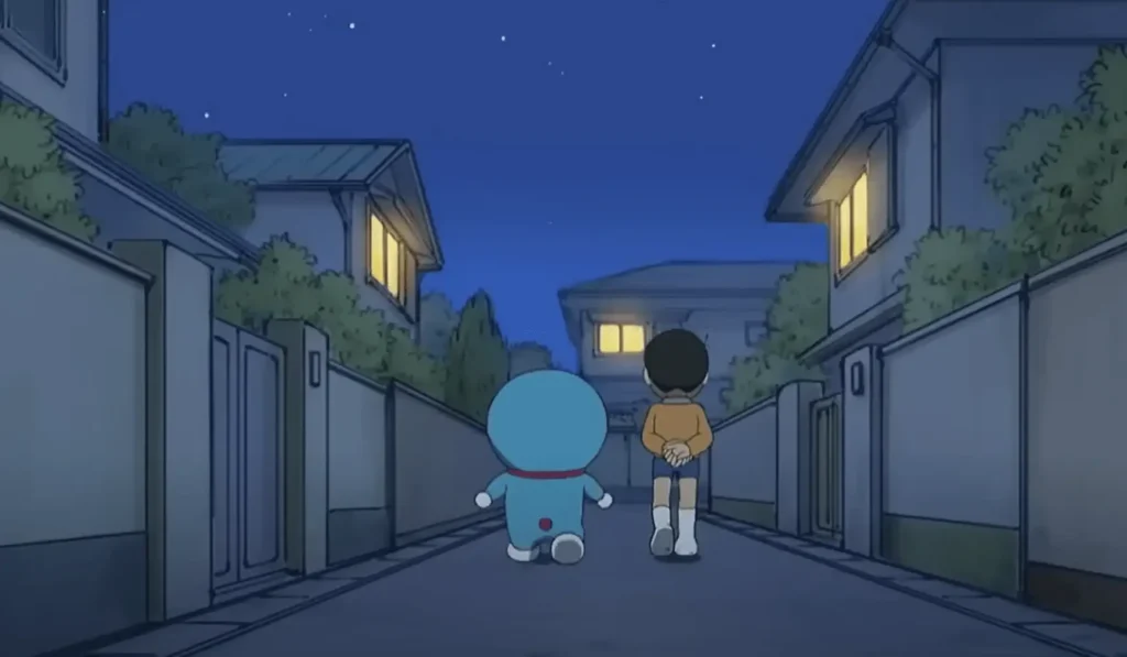Download Doraemon X APK 1.3c Latest Android Version 2026 11 Doraemon and Nobita are walking in a silent street at night time