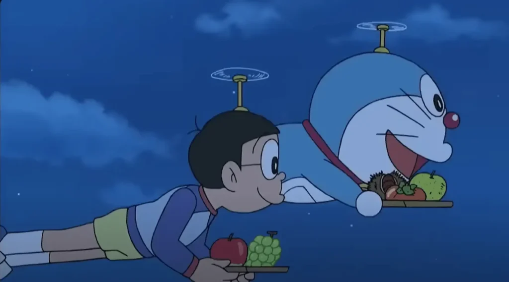 Download Doraemon X APK 1.3c Latest Android Version 2026 10 Doraemon and Nobita are flying with the Bambo Copter at night, carrying some fruits