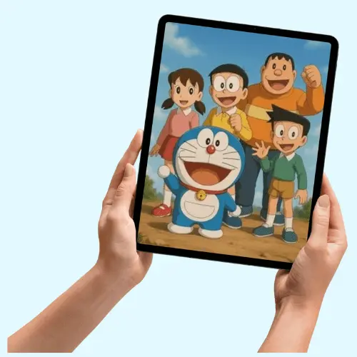 Doraemon X for IOS 1 A Person holding an iPad, which Show all doraemon characters