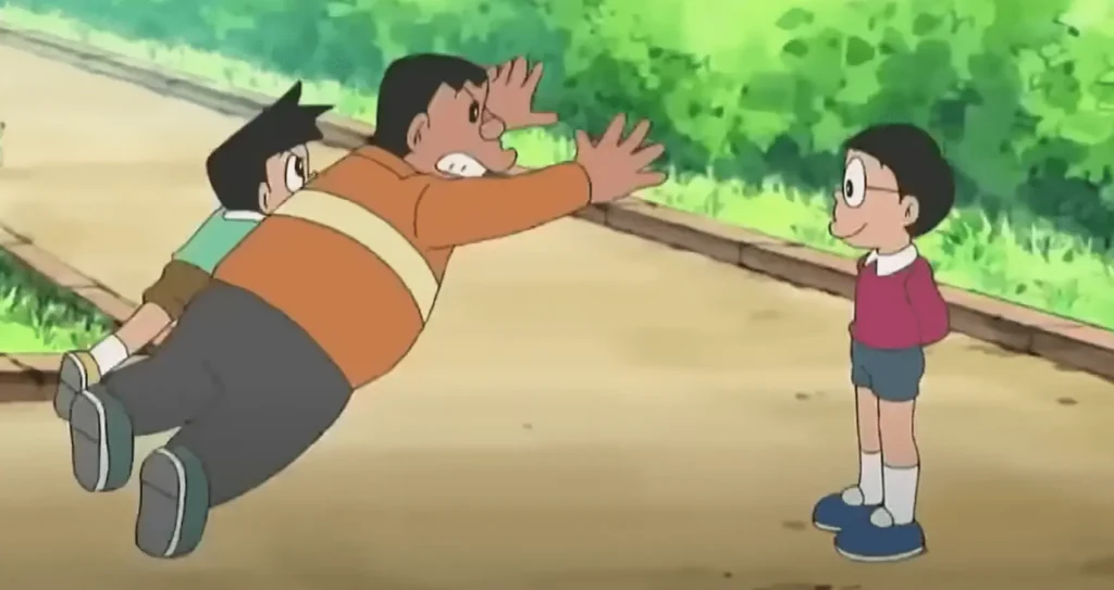 Gian and Suneo attack Nobita while Nobita is standing fearlessly in front of them
