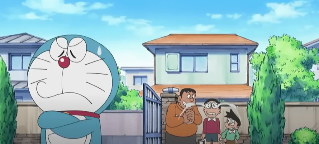 Nobita is crying as Doraemon refuses to help him, also Gian and Suneo are making fun of him