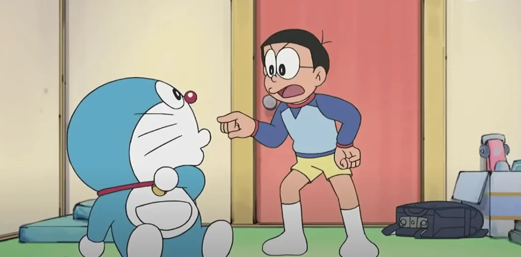 Nobita is angry with Doraemon for not helping him with the magical gadgets