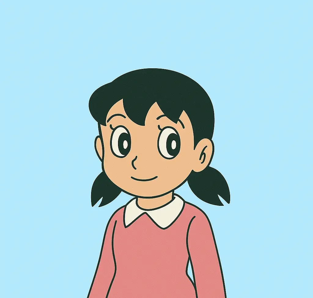 Shizuka character from Doraemon X APK with pink classic outfit on a blue background