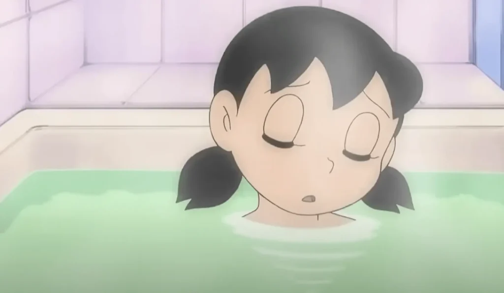 Shizuka is relaxing in a bathtub with hot water