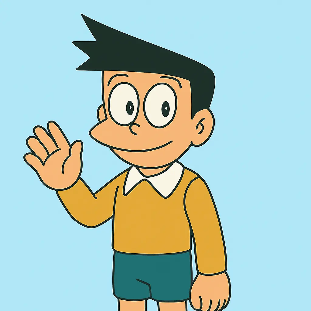 Suneo character from Doraemon X APK with a casual outfit with a blue background