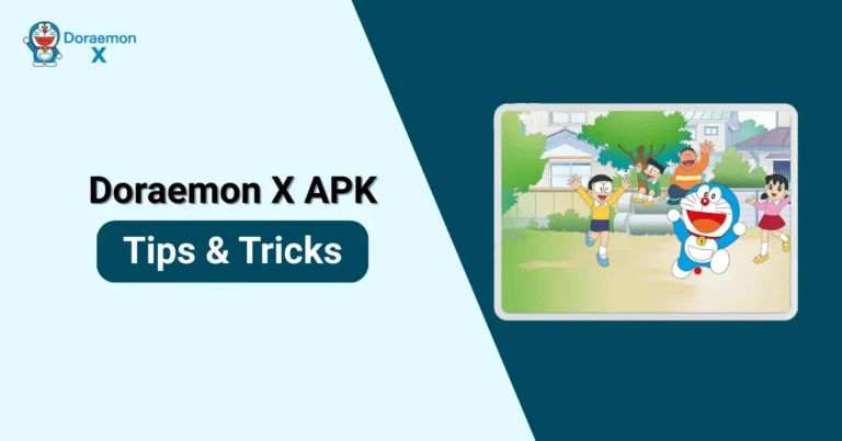 Doraemon X APK Tips and Tricks having tablet with an image of all Characters