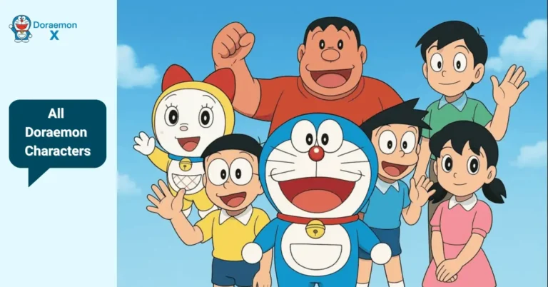 All Doraemon characters together including Doraemon, Nobita, Shizuka, Gian, Suneo, Dorami and Mini Doras